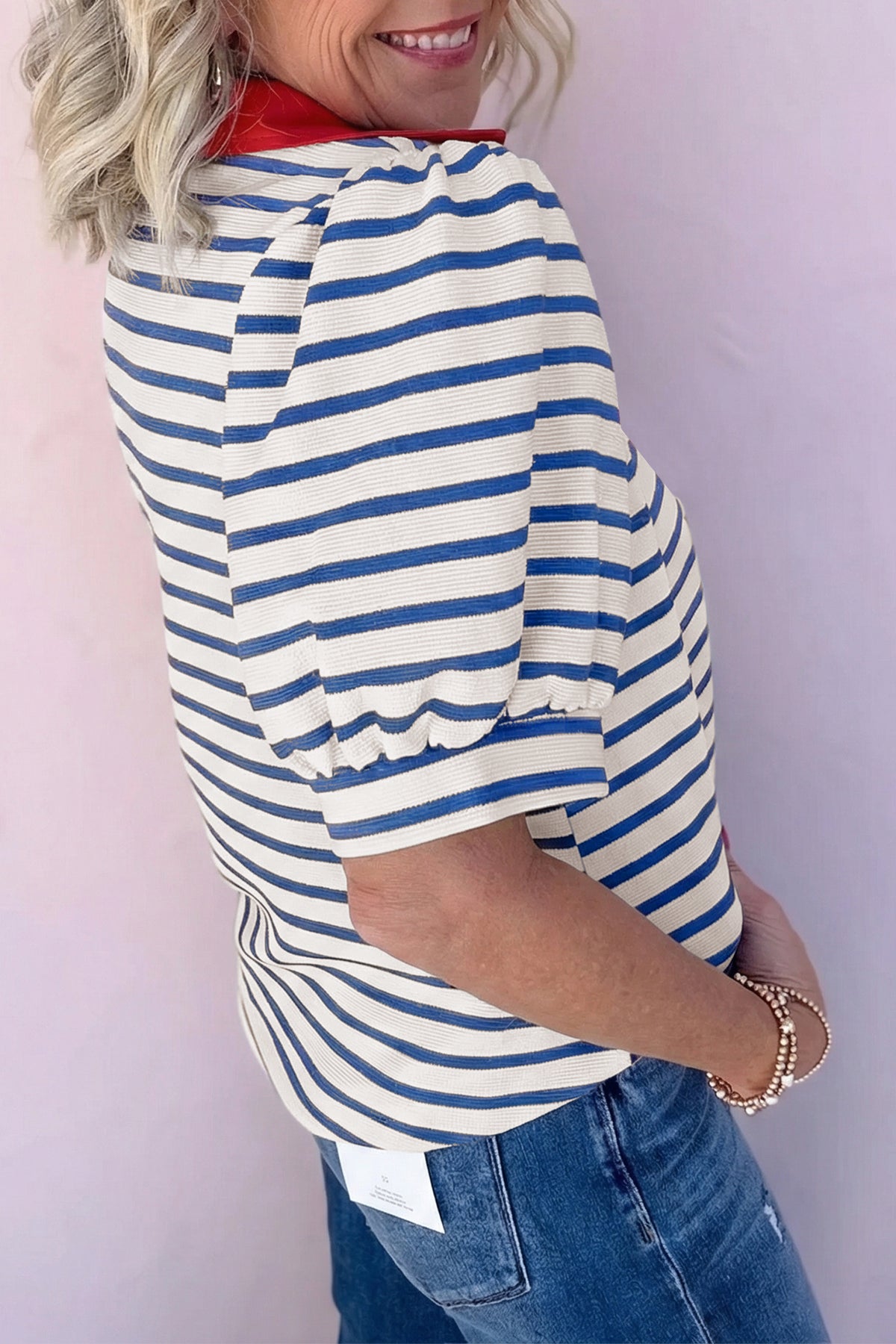 Pink Stripe Short Puff Sleeve Color Block Polo Collar Blouse