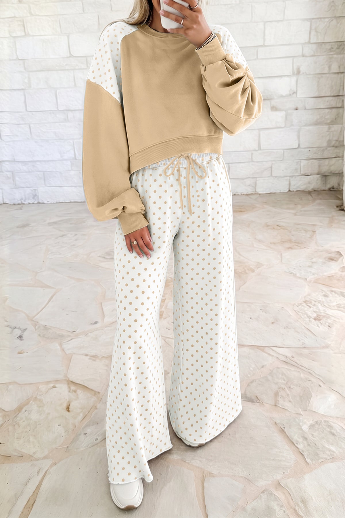 Pink Polka Dot Patchwork Colorblock Long Sleeve Casual Two Piece Pants Set