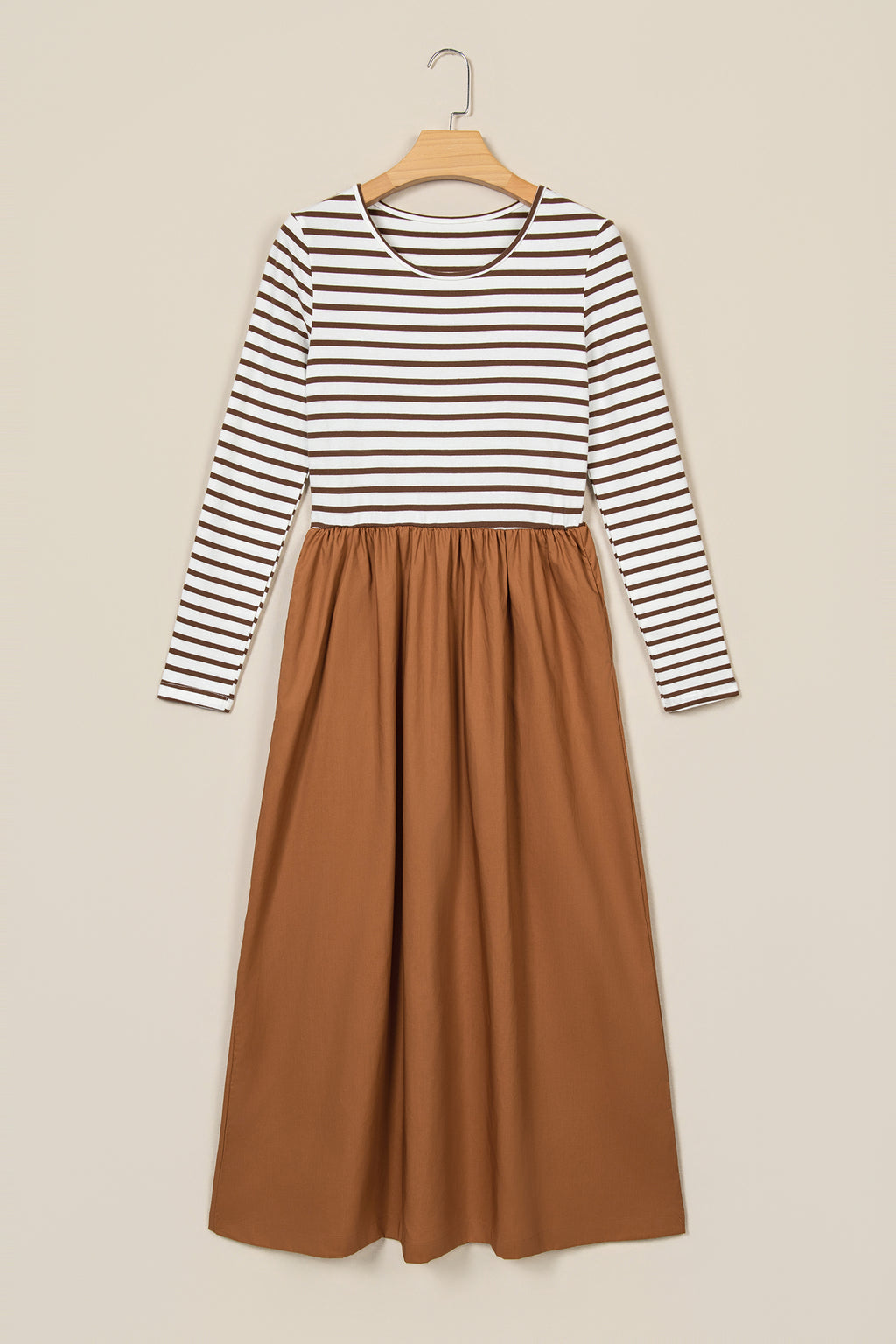 Brown Stripe Ribbed Knit Long Sleeve Bodice Contrast Patchwork Flared Dress