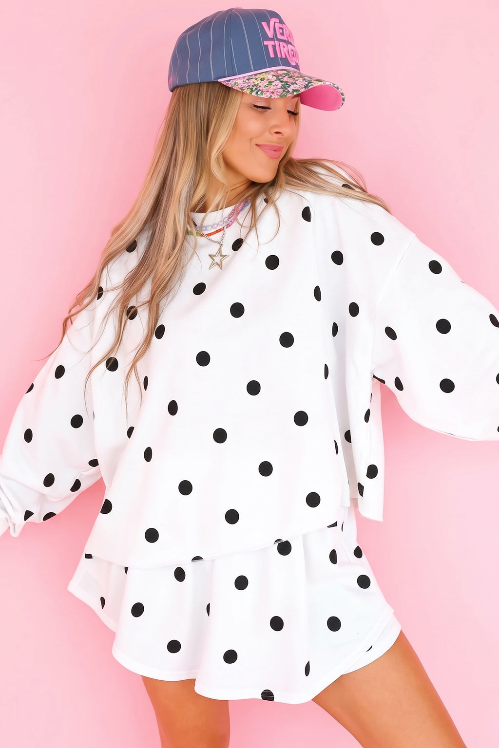 Beige Polka Dot Raw Hem Relaxed Pullover Loose Skort Two Piece Set
