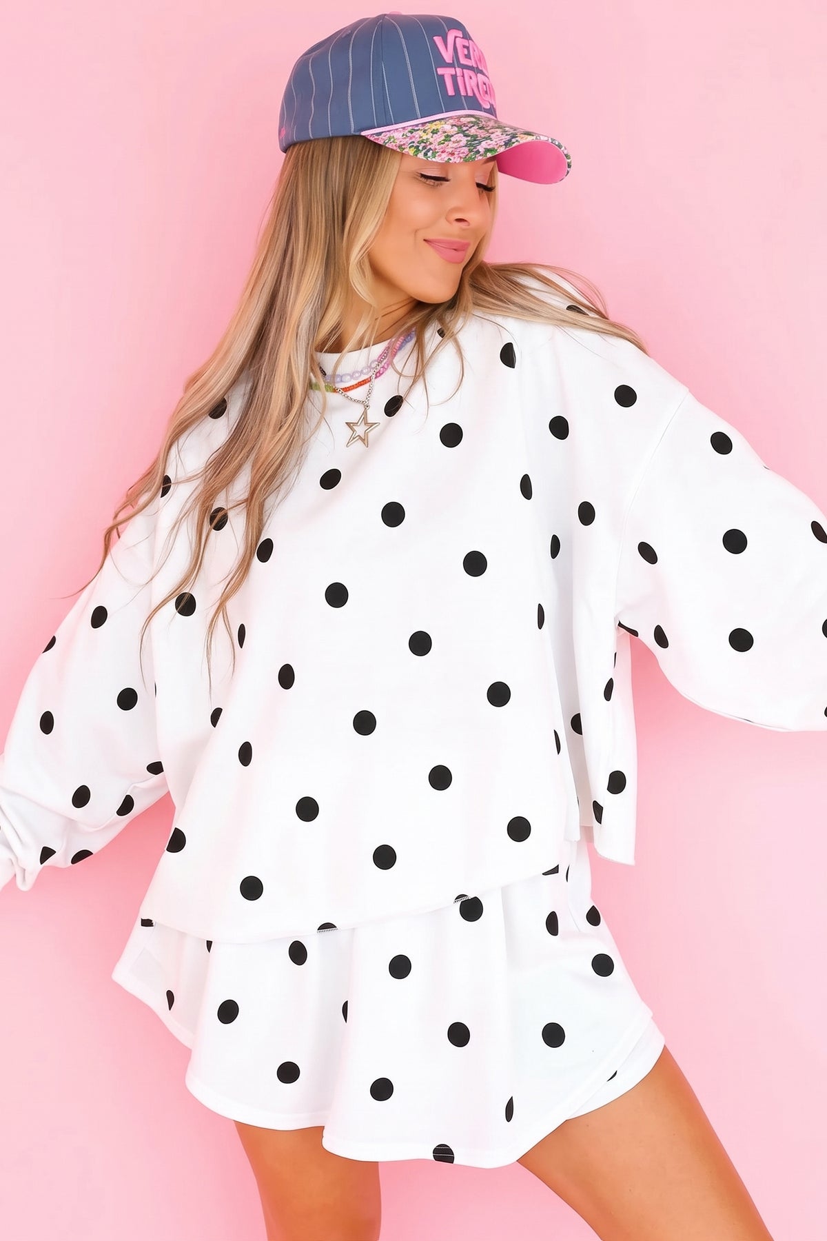 Beige Polka Dot Raw Hem Relaxed Pullover Loose Skort Two Piece Set
