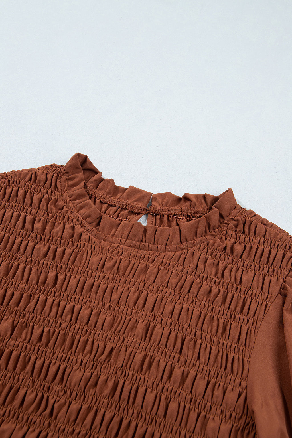 Jet Stream Solid Color Smocked Ruffle Hem Long Sleeve Blouse
