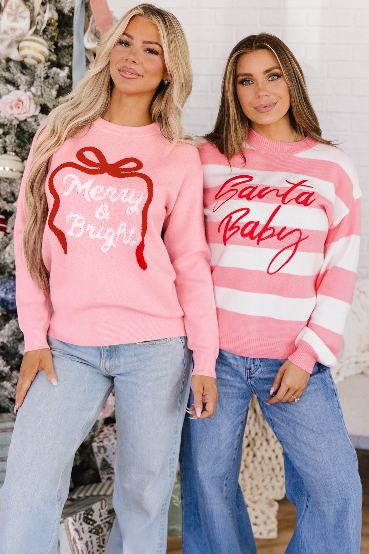 Pink Stripe Santa Baby Embroidered Christmas Slogan Drop Shoulder Pullover Sweater
