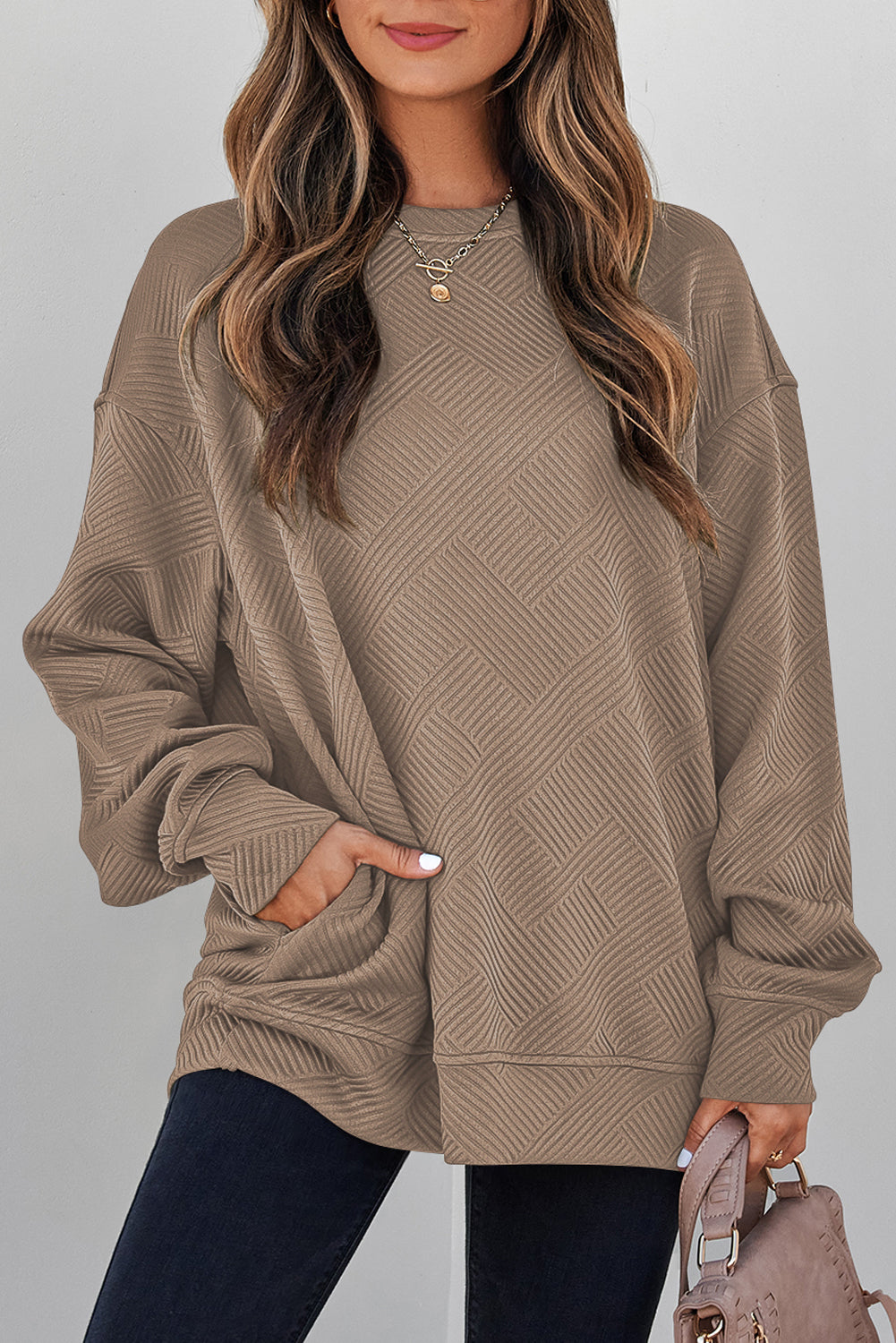 White Solid Color Textured Round Neck Drop Shoulder Pullover Sweatshirt