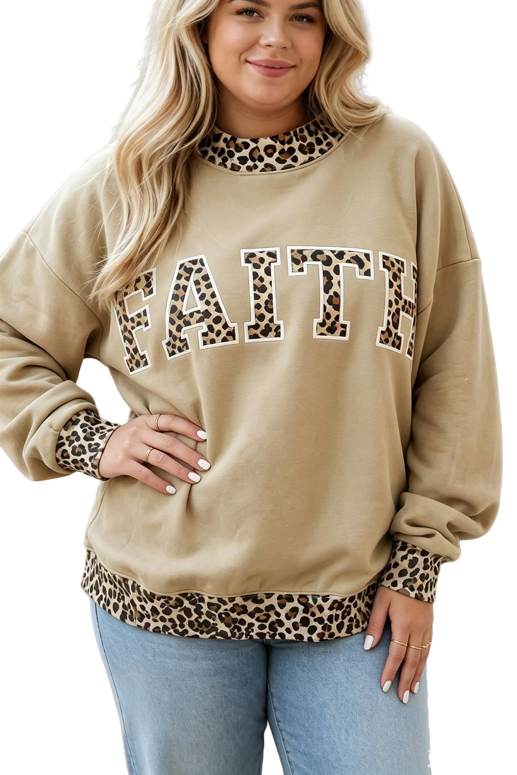 Coffee Plus Size Polka Dot Trim Mock Neck BLESS Graphic Sweatshirt