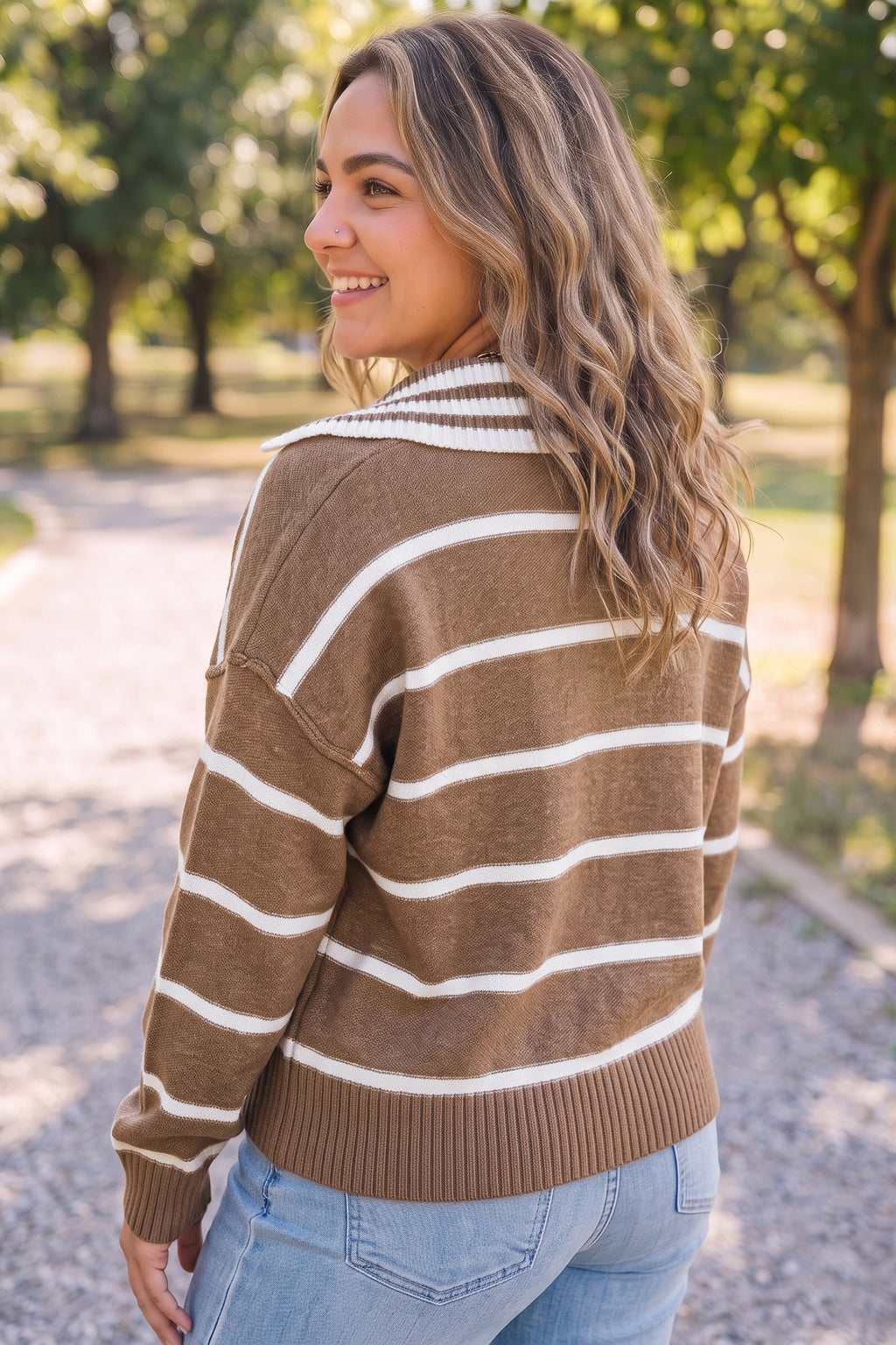 Brown Stripe Striped V Neck Long Sleeve Shift Plus Size Sweater