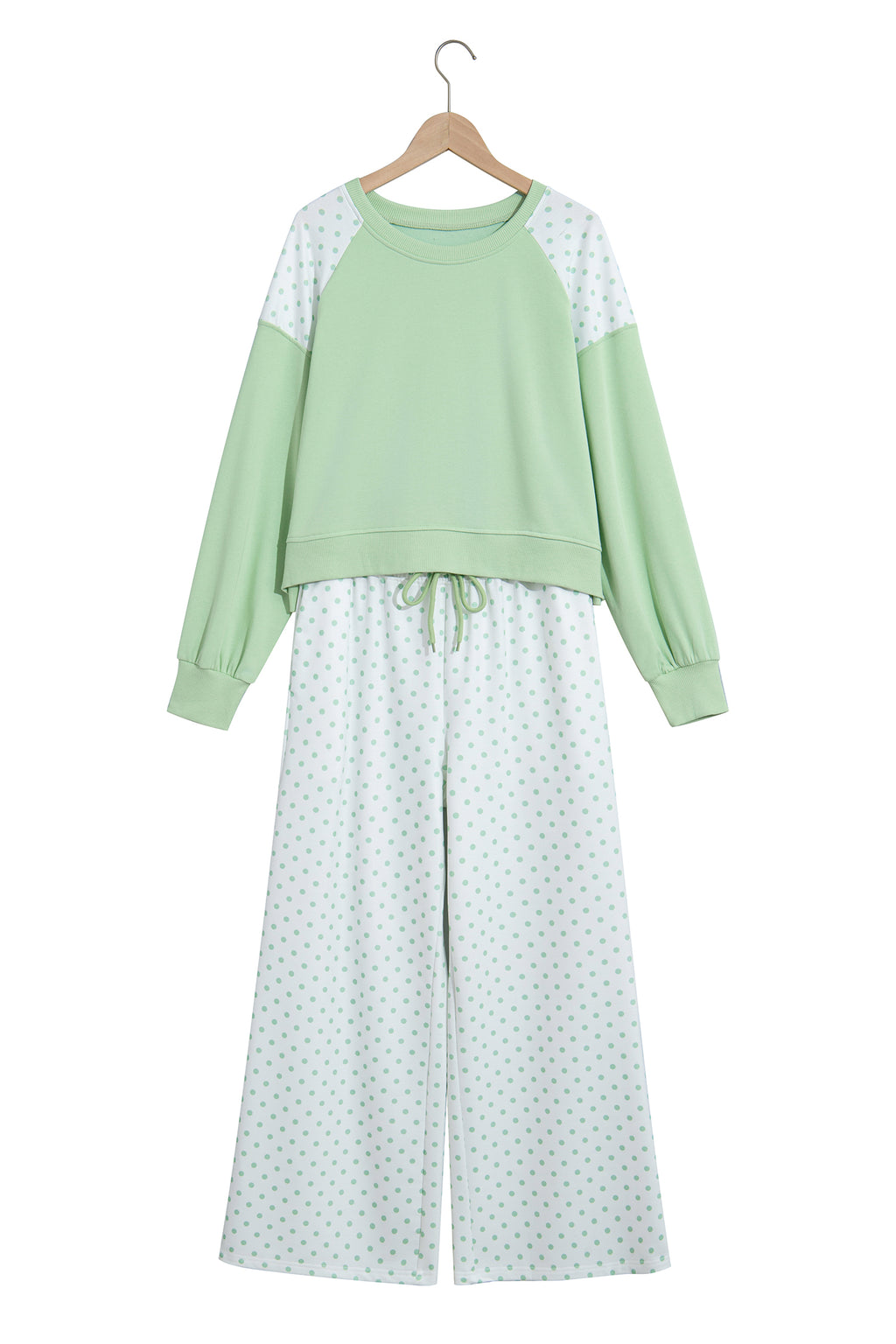 Pink Polka Dot Patchwork Colorblock Long Sleeve Casual Two Piece Pants Set