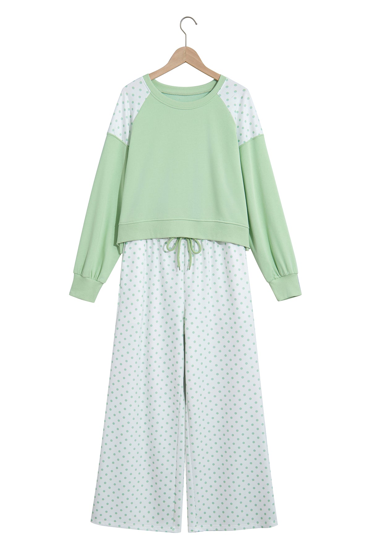 Pink Polka Dot Patchwork Colorblock Long Sleeve Casual Two Piece Pants Set