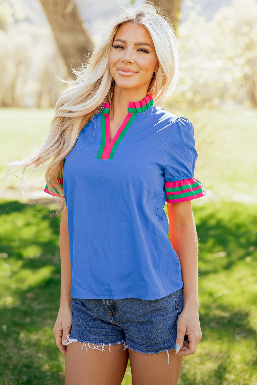 Fiery Red Striped Frilled Collar Ruffled Short Sleeve Blouse