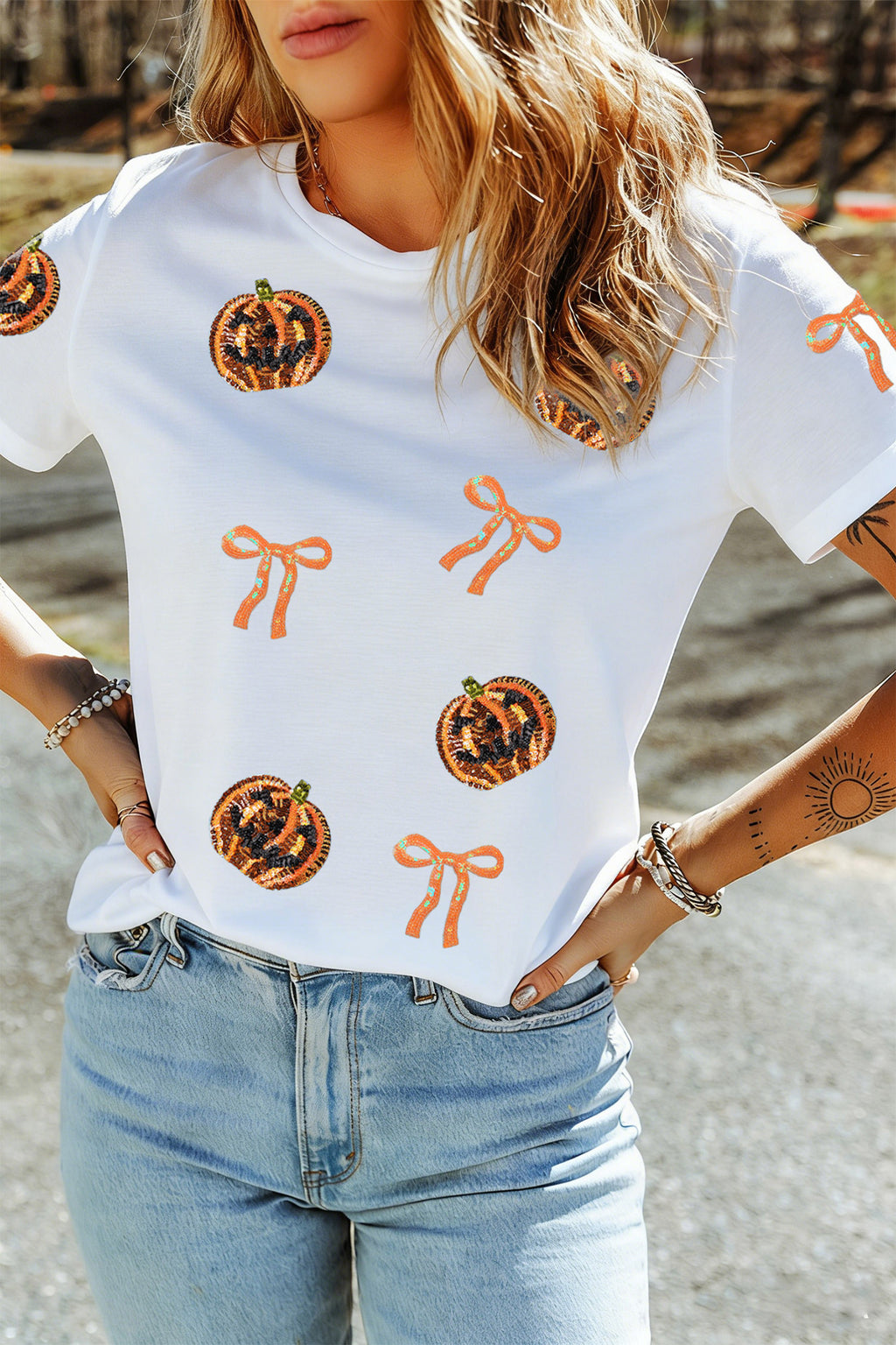 White Sequin Pumpkin Face Bow Halloween Graphic T Shirt
