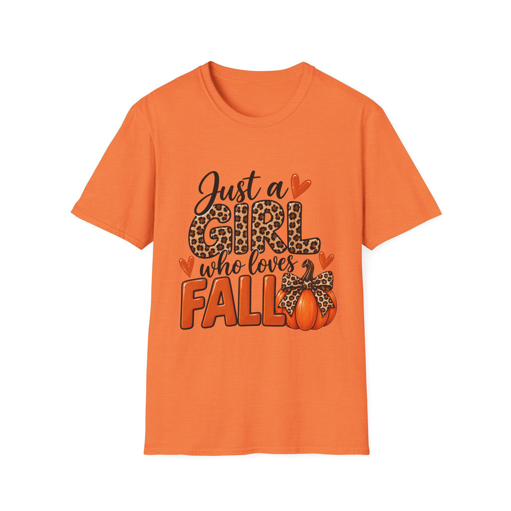 Just a Girl Who Loves Fall T-Shirt | Leopard Pumpkin Autumn Design