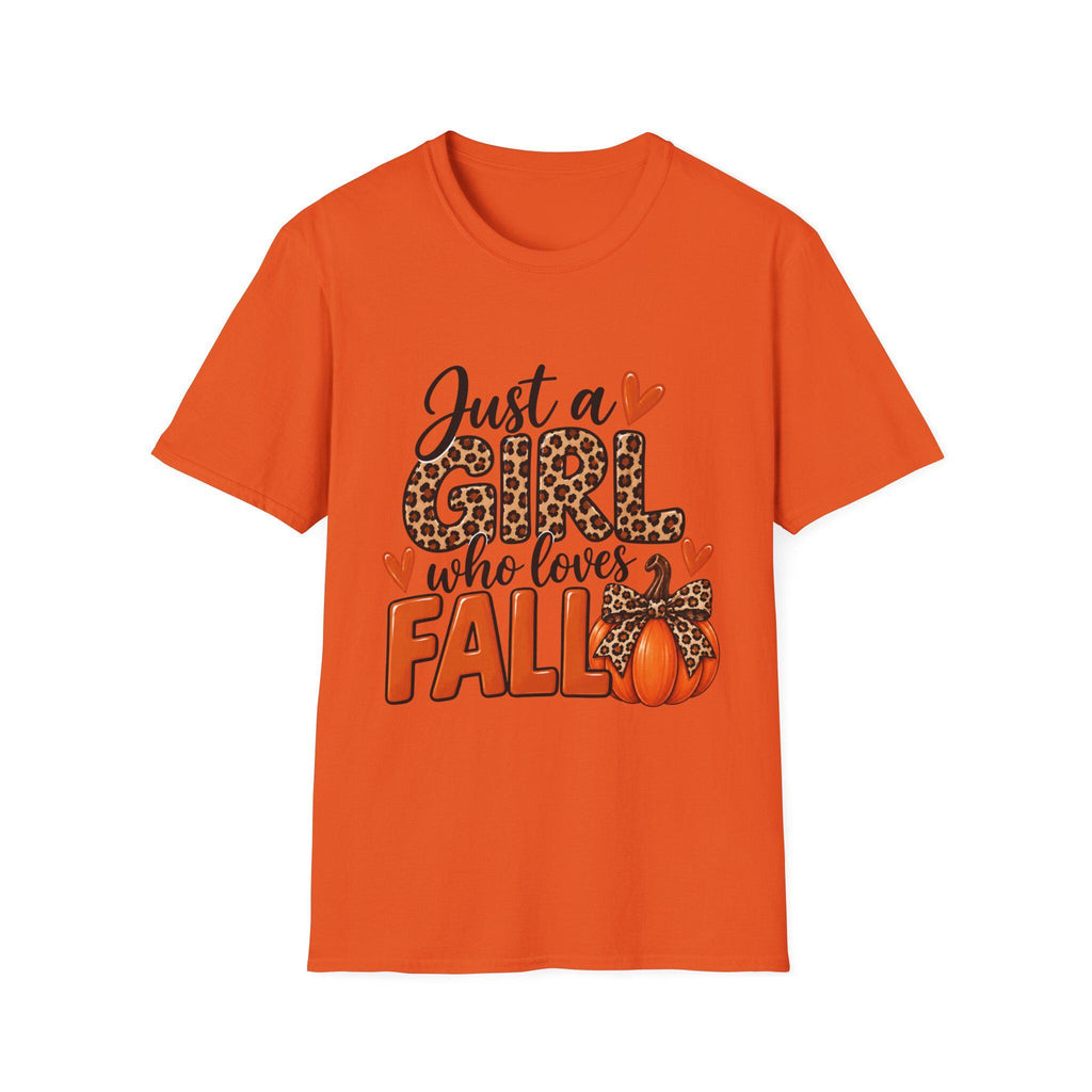 Just a Girl Who Loves Fall T-Shirt | Leopard Pumpkin Autumn Design