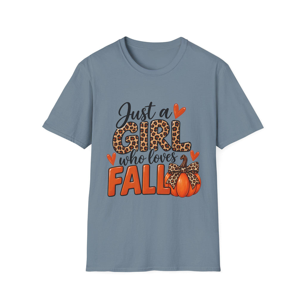 Just a Girl Who Loves Fall T-Shirt | Leopard Pumpkin Autumn Design